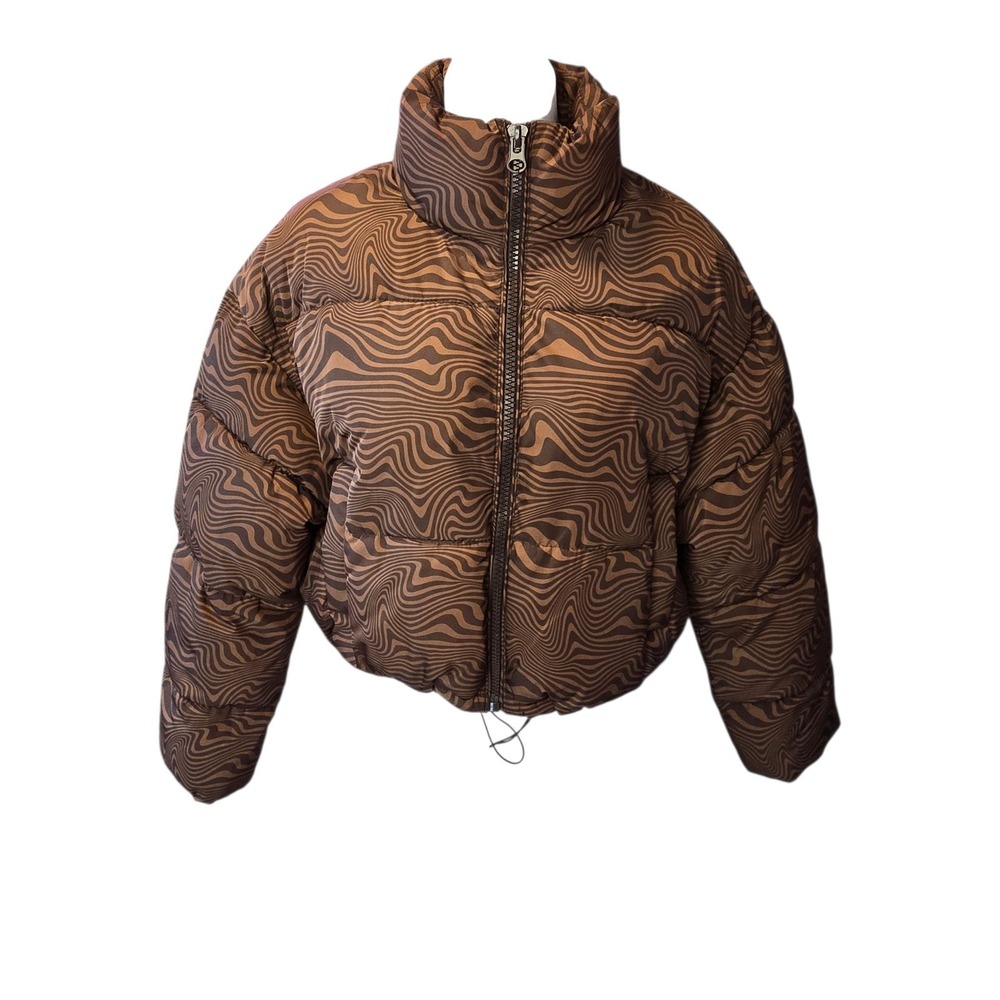 Brown Woodgrain Swirl Cropped Puffer Jacket XS Y2K Psychedelic Streetwear
